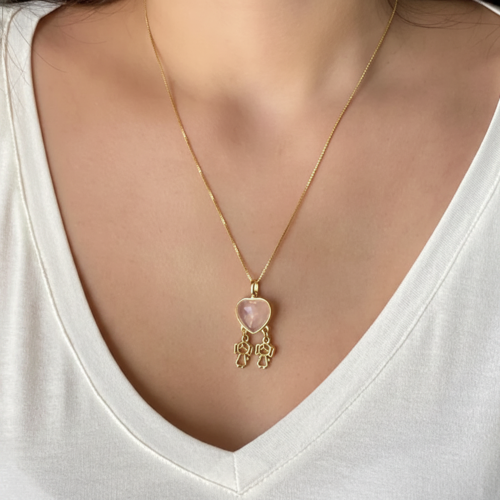 Colar Amor de Mãe Coração Duas Filhas em Quartzo Rosa| Ametís