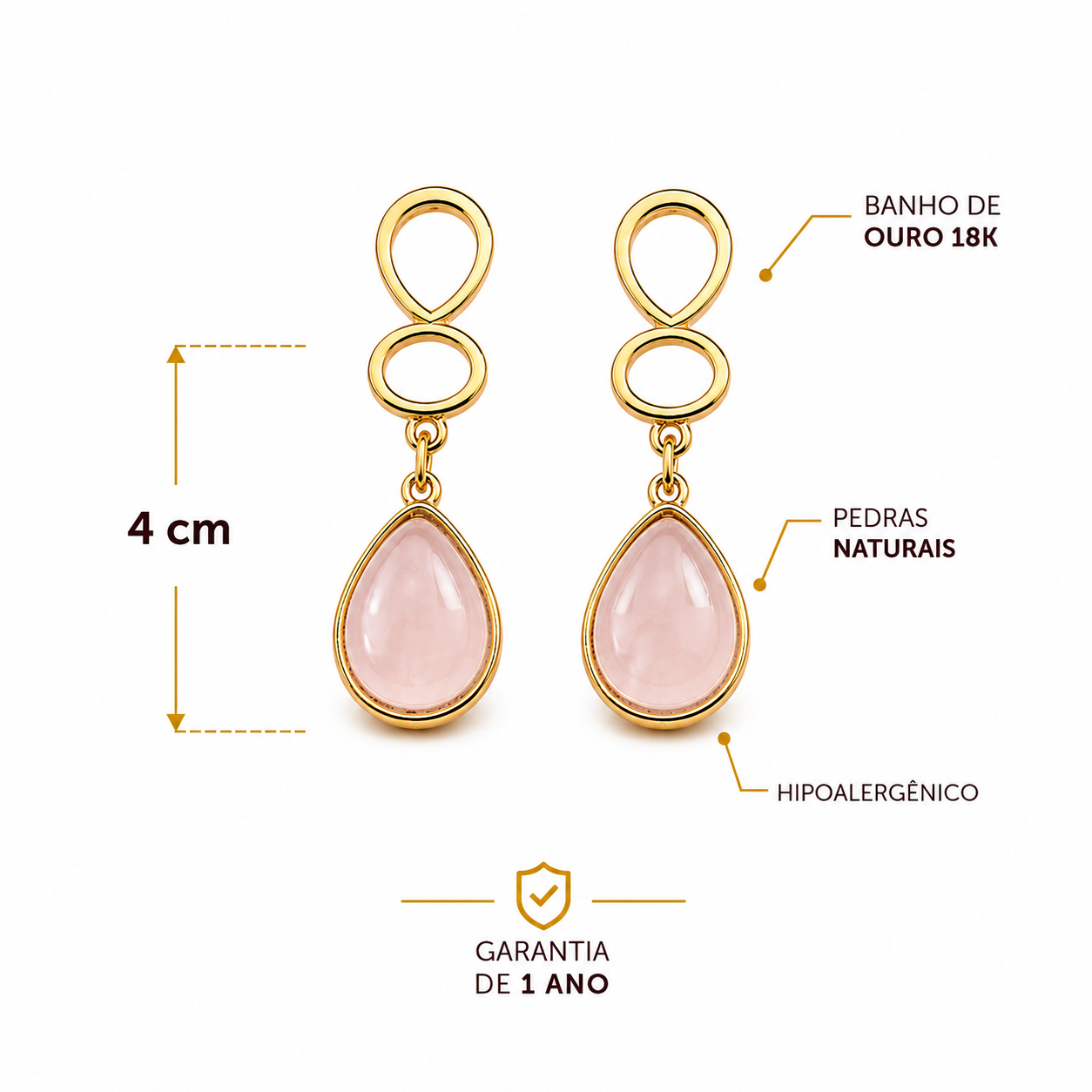 Brinco Bárbara Banho de Ouro em Quartzo Rosa e Ágata Preta | Ametís