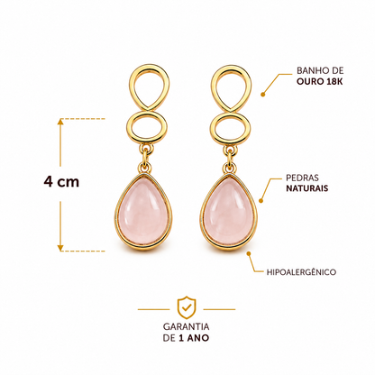 Brinco Bárbara Banho de Ouro em Quartzo Rosa e Ágata Preta | Ametís