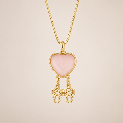 Colar Amor de Mãe Coração Duas Filhas em Quartzo Rosa| Ametís